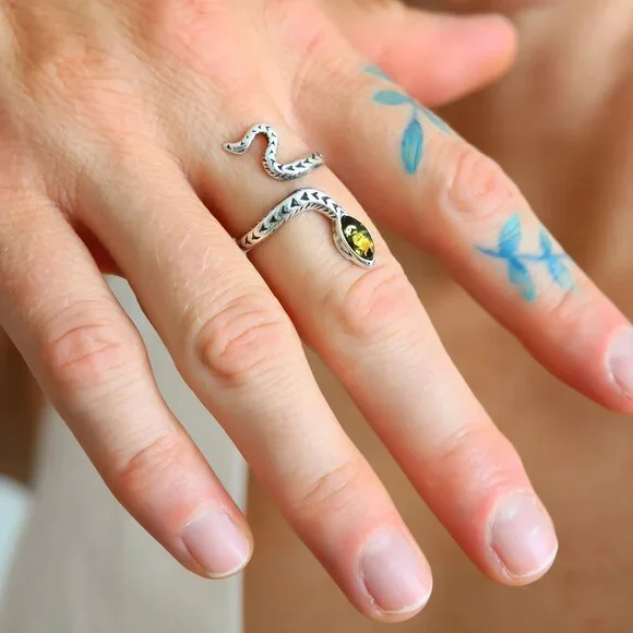 Amber Snake Ring- 925 Sterling Silver Adjustable Ring-Goth Chic - Picture 3 of 4